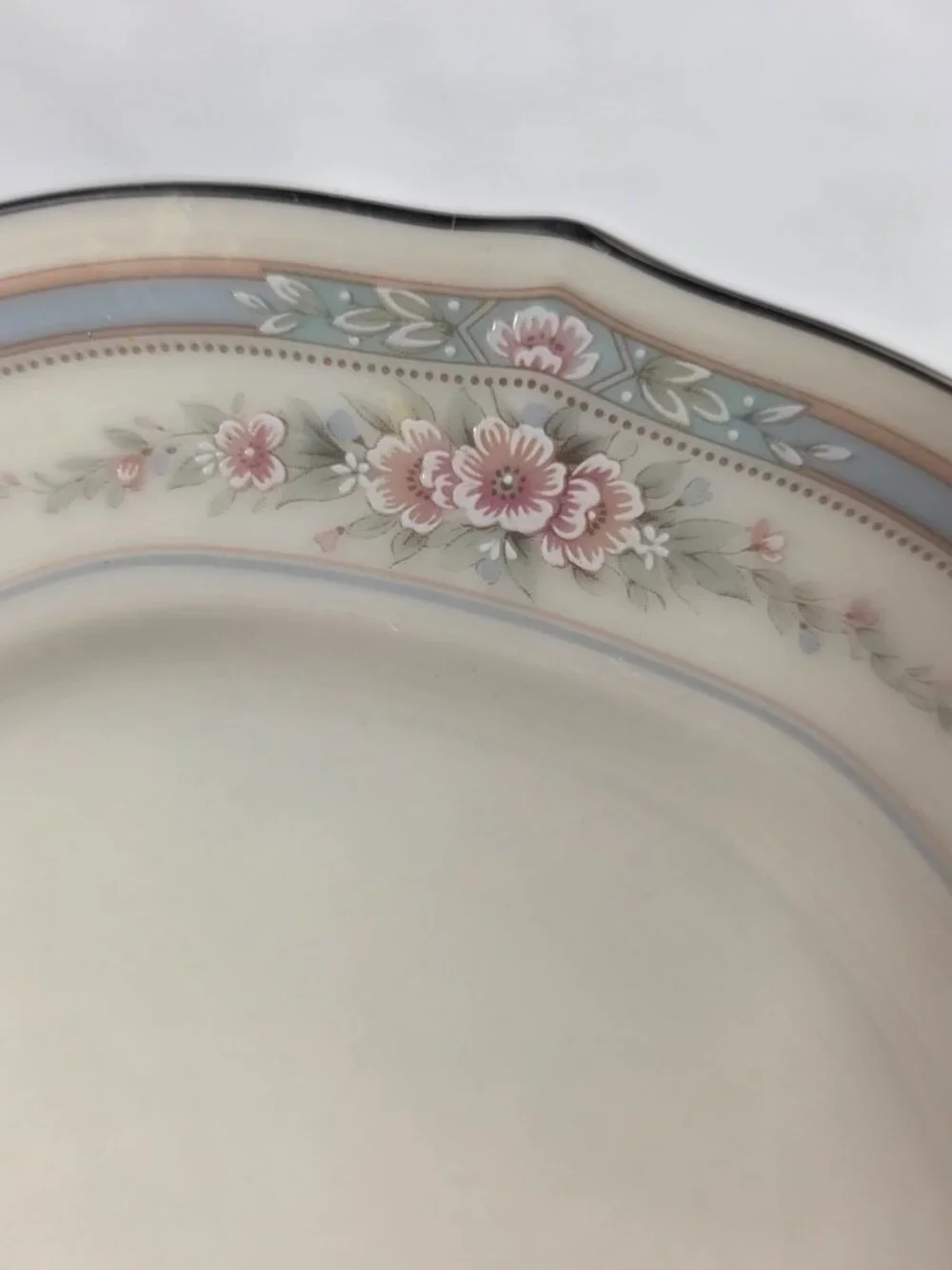 TWO Noritake Rothschild Bread Plates Ivory Blue Band with Pink Flowers